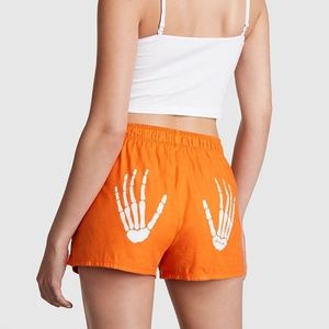 Victoria's Secret PINK Flannel Boxy Pajama Shorts Halloween Orange Skeleton NEW
